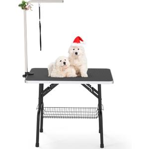 YITAHOME 36" Height Adjustable Dog/Pet Grooming Table, Foldable Grooming Table for Dogs at Home, Portable Dog Bathing Station with Arm, Non-Slip Desktop, Storage Tray& Noose, Black