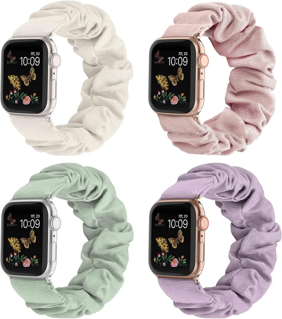 Recoppa Compatible for Apple Watch Band Scrunchie 38mm 40mm 41mm 42mm 44mm 45mm 46mm Cute Printed Elastic Solo Loop Bands Women Bracelet Strap for iWatch Series 10 9 8 7 6 5 4 3 2 1 SE, 4 Packs (Pink/Green/Starlight/Lavender)