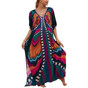 sunforyou Kaftan Dresses for Women Plus Size Lightweight Swimsuit Cover up Batwing Sleeve Print Loungewear Beach Robe, Size L