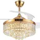 Modern Dimmable Fandelier Crystal Ceiling Fan with Lights and Remote Invisible Retractable Chandelier Fan Light LED Lighting-Polished Chrome 36" (Golden)