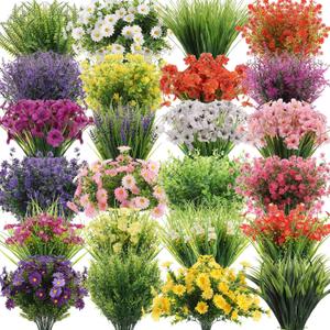 Zeyune 120 Bundles Artificial Flowers for Outdoor UV Resistant Fake Plastic Flowers Plants Bulk Faux Realistic Eucalyptus Violet Lavender for Spring Summer Home Window Yard Patio Garden Decor(Multi2)