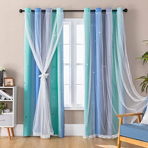 XiDi Curtains for Girls Bedroom Kids Room Unicorn Princess Theme Home Decor 72 inches Length Blue Green Grey, W34 X L72 1 Panels