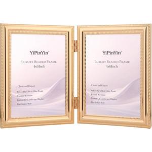 Classic Gold Plated 4x6'' Double picture Frame, Beaded Metal Design Double Photo Frame 4x6'',Real Glass Front and Velvet Backing,Perfect Gifts and Precious Memories (Gold)