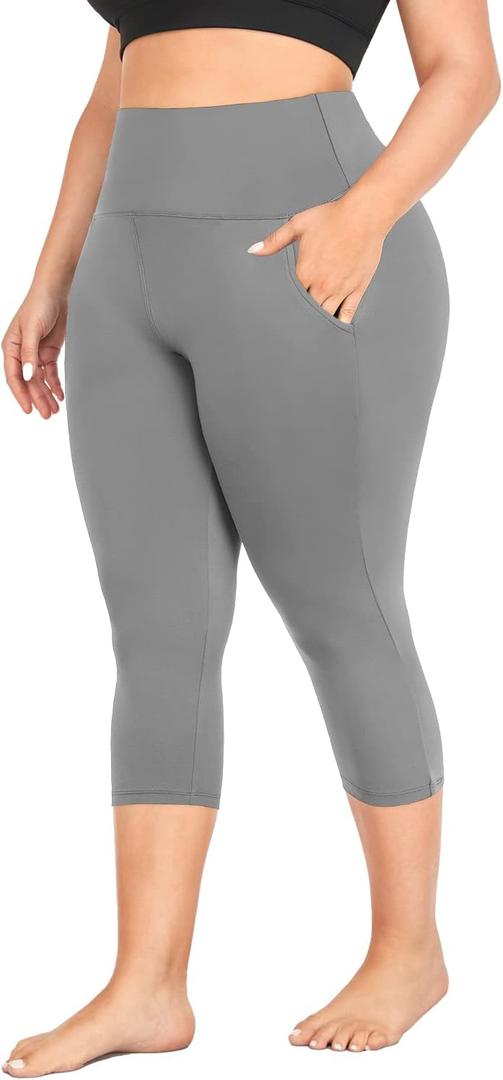 MOREFEEL Capri Plus Size Leggings for Women with Pockets-Stretchy XL-4XL Tummy Control High Waist Workout Black Yoga Pants (3X-Large, 06 Dark Grey)
