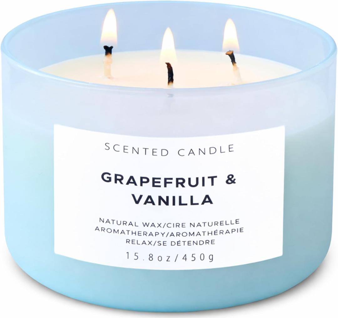 Grapefruit & Vanilla 3-Wick Scented Soy Candle | 15.8 oz Large Scented Candle for Home | Uplifting Aromatherapy Candle | Housewarming & Birthday Gift for Women and Men