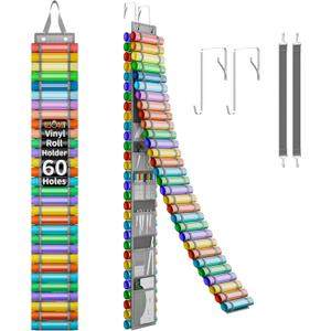 Resonax 60-Compartment Vinyl Roll Holder with 14 Mesh Pockets, 2 Hooks & Straps  66" x 8.6" Hanging Vinyl Storage Organizer for Craft Rooms  Grey