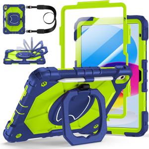 Case for iPad A16 11th/10th Generation 11 inch/10.9 inch 2025/2022, Ubearkk for iPad a16 case with Screen Protector, 360 Degree Rotating Stand Shoulder Strap Pencil Holder, Navy Green
