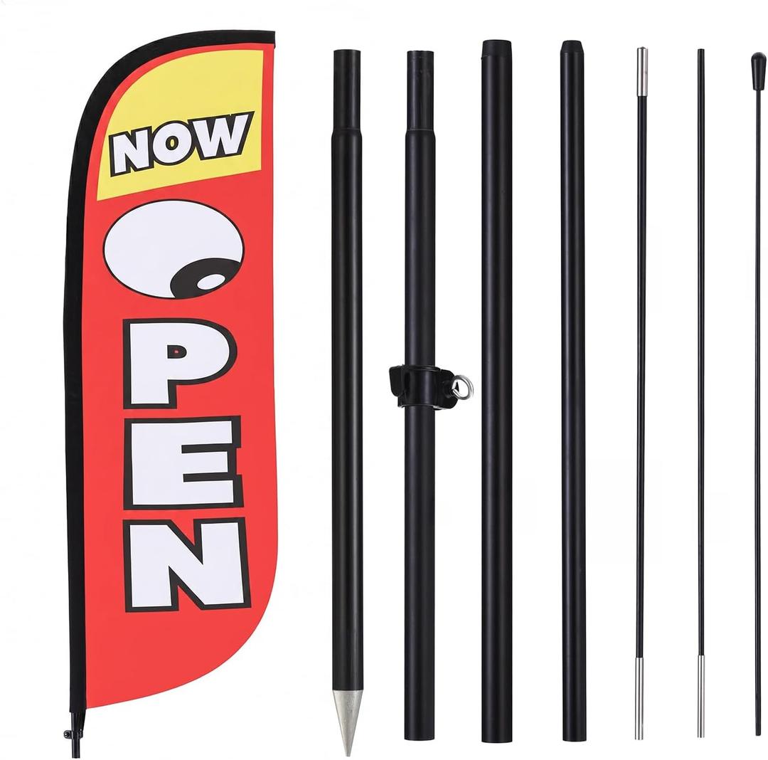 8ft NOW OPEN Feather Flag Kit for Business with Pole and Ground Stake