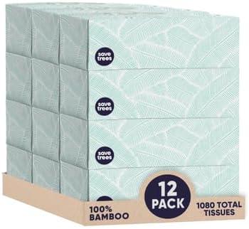 Save Trees Bamboo Facial Tissues - 12 Boxes of Eco-Friendly, 3-Ply Hypoallergenic Tissues, 90 Sheets per Box, FSC Certified, Plastic-Free Packaging, Soft & Gentle for Home Use
