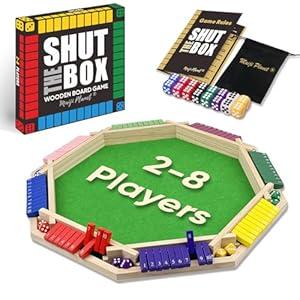 Deluxe 2-8 Player Original Shut The Box Game, Math Dice Board Game for Family Night Classroom Travel, Wooden Classic Table for Group Kid Adult Senior Travel Party Bar Easy Quick and Fun