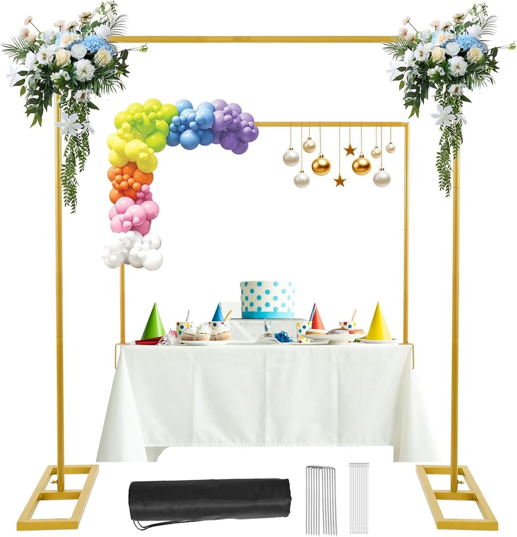 Square Backdrop Stand, 8.2FT Wedding Arch, Heavy Duty Balloon Arch Stand, Over The Table Rod Stand with Clamps, Adjustable Photo Booth Background Kit, Backdrop Frame for Decor Birthday Party (Gold)
