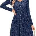 OUGES Women's V Neck Button Down Skater Midi Dress with Pockets (X-Large, Blue Polka Dot)