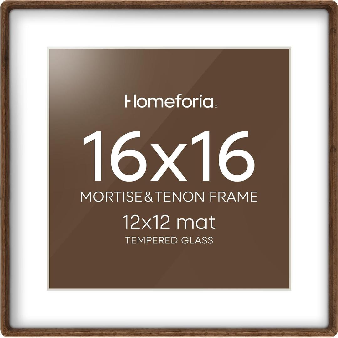 Homeforia 16x16 Picture Frame Brown, Mortise & Tenon Walnut 16 x 16 Wooden Square Frames with Mat 12 by 12 for Wall, 16by16 Dark Wood Frame Matted to 12x12 inch Art, Tempered Glass, Wall Kit, Set of 1