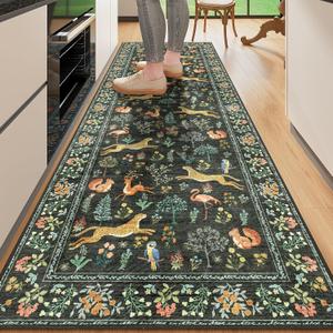 DUKINO 2x6 Rug for Hallway, Washable Kitchen Runner Rug with Non Slip Backing, Soft Low Pile Vintage Animal Runner for Bedroom, Kitchen, Hallway, Entryway, Laundry, Black