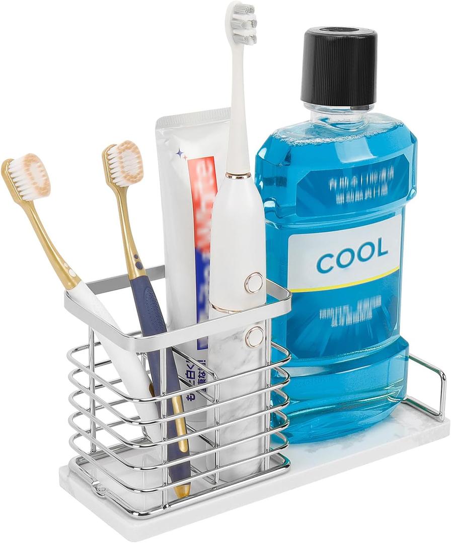 Toothbrush Holder, Luxurious Metal Toothbrush Toothpaste Holder with Marble Base for Bathroom, Multi-Slots Openwork Design, Bathroom Accessory for Storage and Organizer (Large, Chrome)