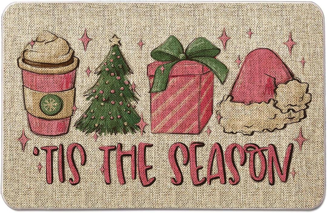 GAGEC Pink Christmas Doormat - 'Tis The Season Entrance Rug, Pink Christmas Decorations Winter Xmas Decor for Home Kitchen Floor Front Door, 17 x 27 Inch