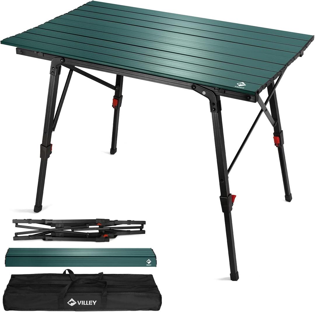 VILLEY Portable Camping Table with Adjustable Legs, Lightweight Aluminum Folding Beach Table with Carrying Bag for Outdoor Cooking, Picnic, Beach, Backyards, BBQ and Party - Green
