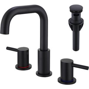 3 Hole Black Sink Faucet Bathroom, 8 in Matte Black Wide Spread Bathroom Sink Faucet with Pop Up Drain and Supply Lines, Stainless Steel 2 Handle Black Bathroom Faucet for Vanity