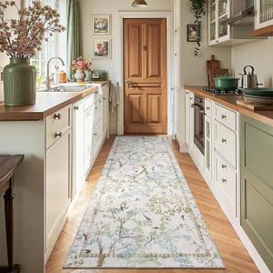 Jinchan Yarden Ivory Botanical Birds 3x10 Runner Rug for Hallway Washable Non Slip Soft Nature Plants Modern Runner Carpet Vintage Ultra Thin Low Pile Rug for Entryway Living Room Laundry