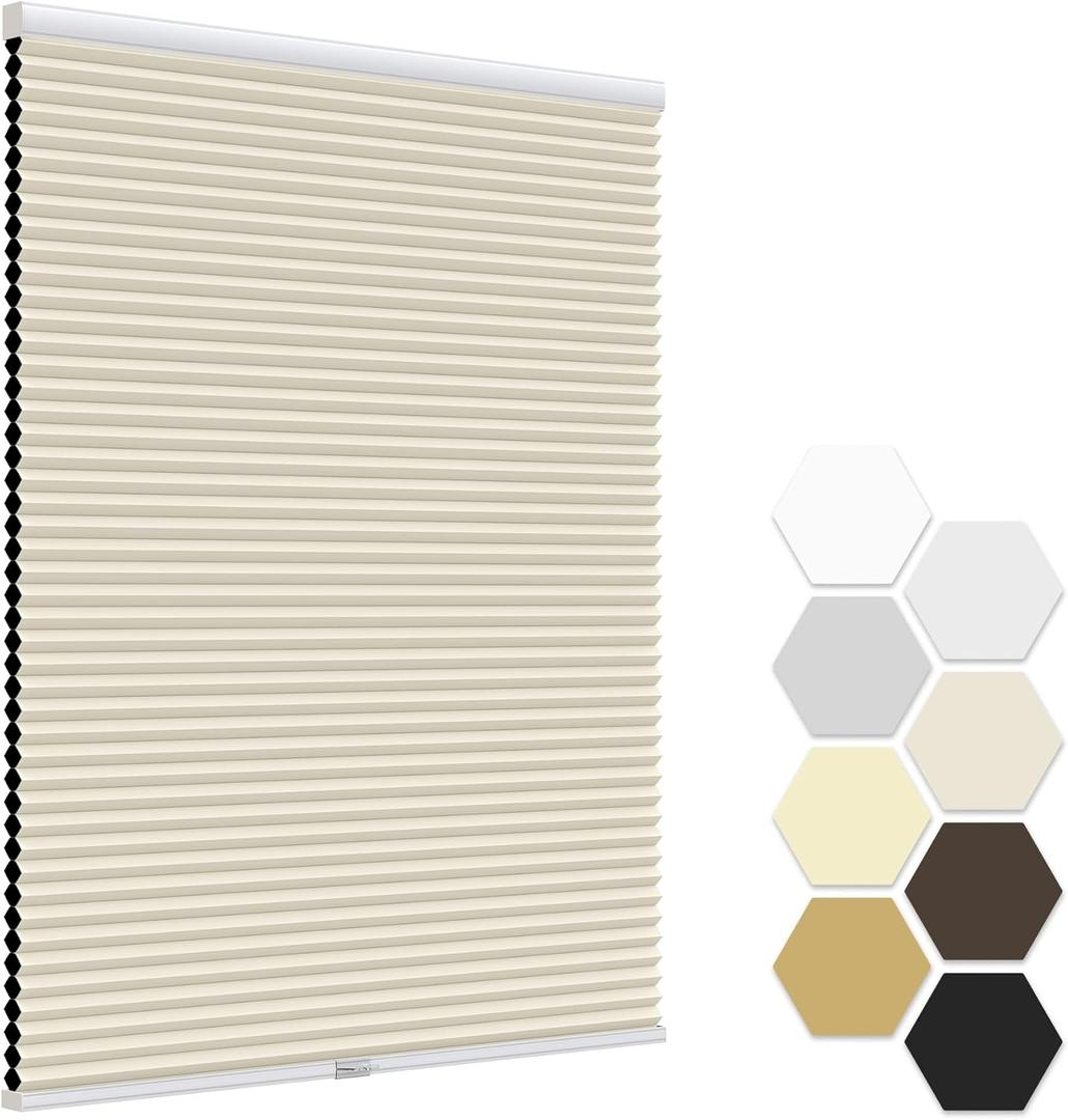 LazBlinds No Tools No Drill Cordless Cellular Shades, Light Filtering Honeycomb Shades Pleated Blinds for Window Size 20" W x 48" H, Brown