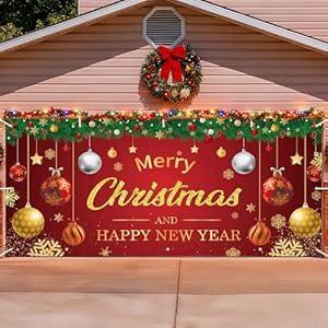 Christmas Garage Door Cover，7×16 FT Christmas Garage Door Decorations– Premium Fiber Fabric Garage Banner with Metal Grommets for Garage, Fence, Yard & Backdrop