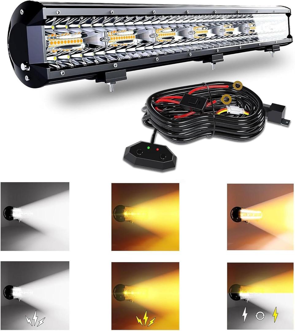 20 Inch 126W LED Light Bar White/Amber Flasing Strobe Light with Six Modes Driving Fog Lights Spot Flood Combo Beam Bumper Lights with Switch Wiring Harness for Offroad Truck 4WD SUV ATV UTV