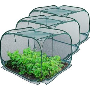 3 Pack Pop Up Mesh Plant Cover, Plant Protector for Raised Garden & Flower Bed, Net Cage Plant Guard for Fruits, Vegetables, Seedlings and Herbs, 8 Ground Stakes for Fixing.