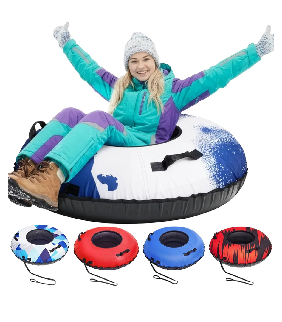 Snow Tube, 45''/48'' Rubber Snow Tubes with Commercial Grade Canvas Cover for Kids & Adults, Inflatable Heavy Duty Snow Sled Thickened Hard Bottom with Tow Strap, Sleds Winter Gifts