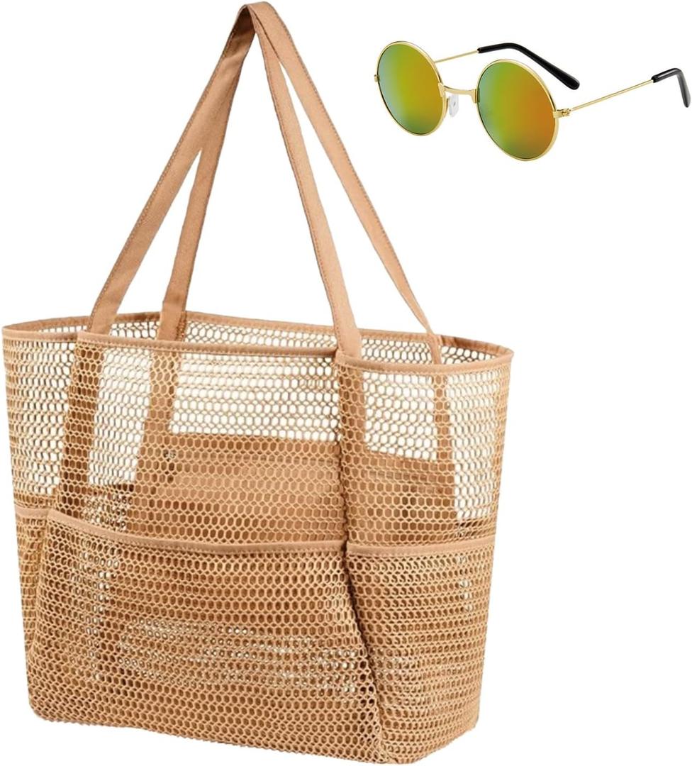 Mesh Beach Tote with Zipper Pockets,with a pair of Sunglasses