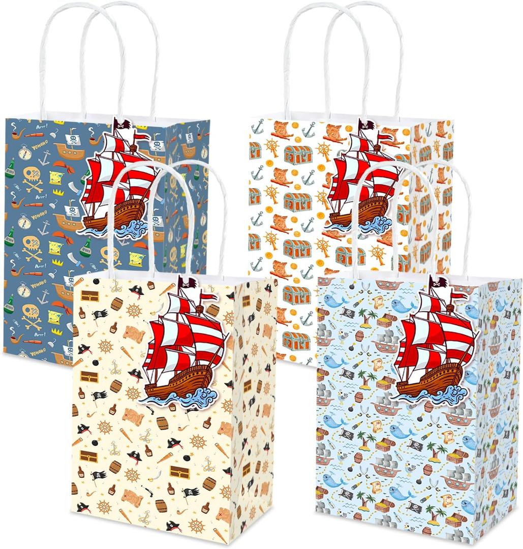 MUZRUYOU Pirate Party Favor Bags with Handles and Ship Tags, 16 Pirate Themed Favor Bags, 4 Cute Styles, Perfect for Birthday Parties, Baby Showers