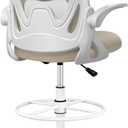 Drafting Chair Tall Office Chair with Flip-up Armrests, Adjustable Height, and Enhanced Lumbar Support - Ergonomic Rolling Stool, Back Support, and Adjustable Foot Rest Ring for Standing Desk Khaki (934W-Z)