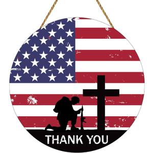 Memorial Day Decorations Patriotic Wreath American Soldier Thank You Hanging Sign Memorial Day Wreaths for Front Door Wooden Front Door Hanger 4th of July Decorations for Porch Wall Indoor Home Decor