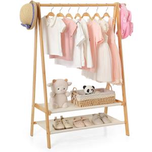 Foldable Kids Clothing Rack - Dress Up Storage with 2 Fabric Shelves, Bamboo Small Clothes Rack for Hanging Organizer, Kids Costume Wardrobe & Dress Up Rack for Bedroom, Playroom, Nursery (Natural)