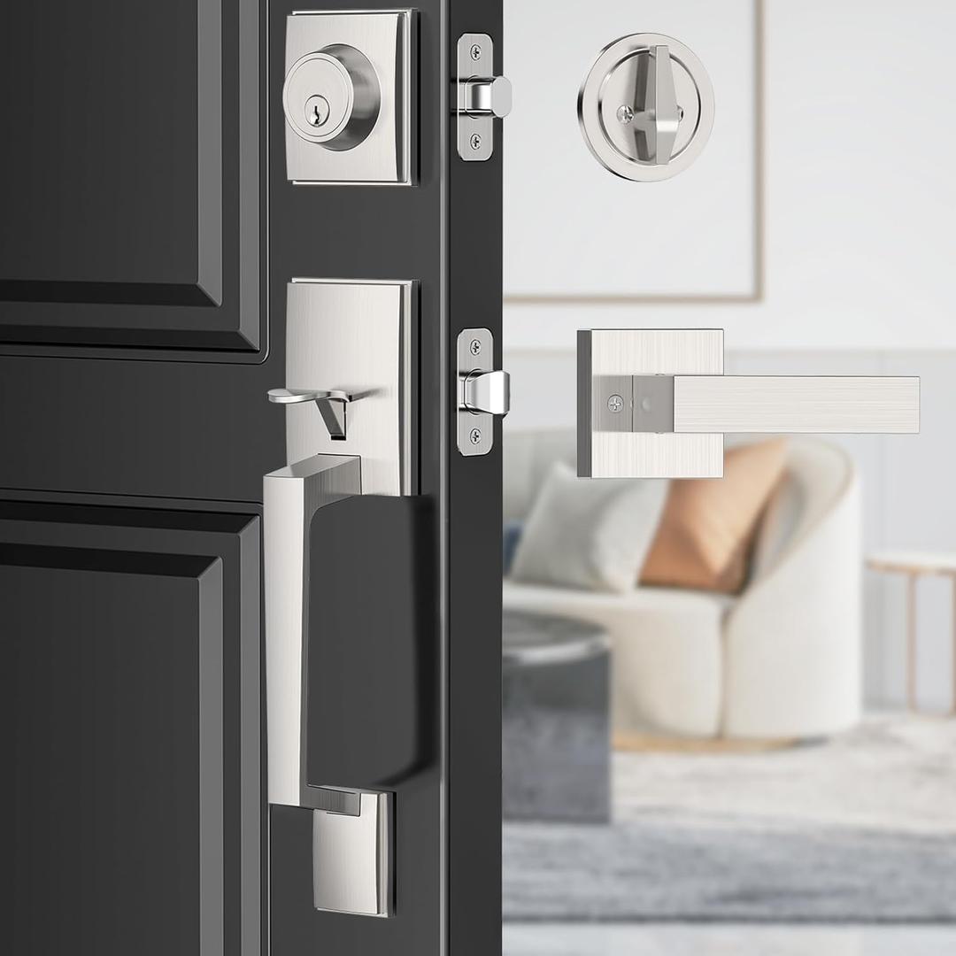 Nickel Modern Door Lock Set - Reversible Left&Right Lever with Satin Exterior Handle