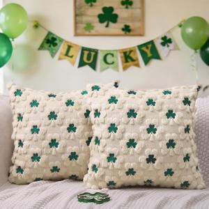 St Patricks Day Pillow Covers Set of 2, Beige Shamrock Green Embroidery Irish Soft Plush Faux Fur Jacquard Embroider Decorative Holiday Farmhouse Cushion Case for Sofa 20 x 20 Inch