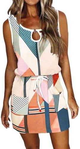 Womens Summer Causal Loose Sleeveless Crew Neck Drawstring Waist Mini Short Dress with Pockets, S