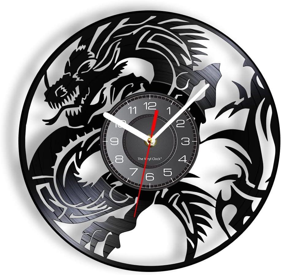 12 Inch Dragon Wall Clock, Silent Non Ticking Battery Operated Vintage Decorative Flying Evil Dragon Spiritual Symbol Fantasy Vinyl Record Wall Clock Watch for Living Room Bedroom Decor (Without Led)