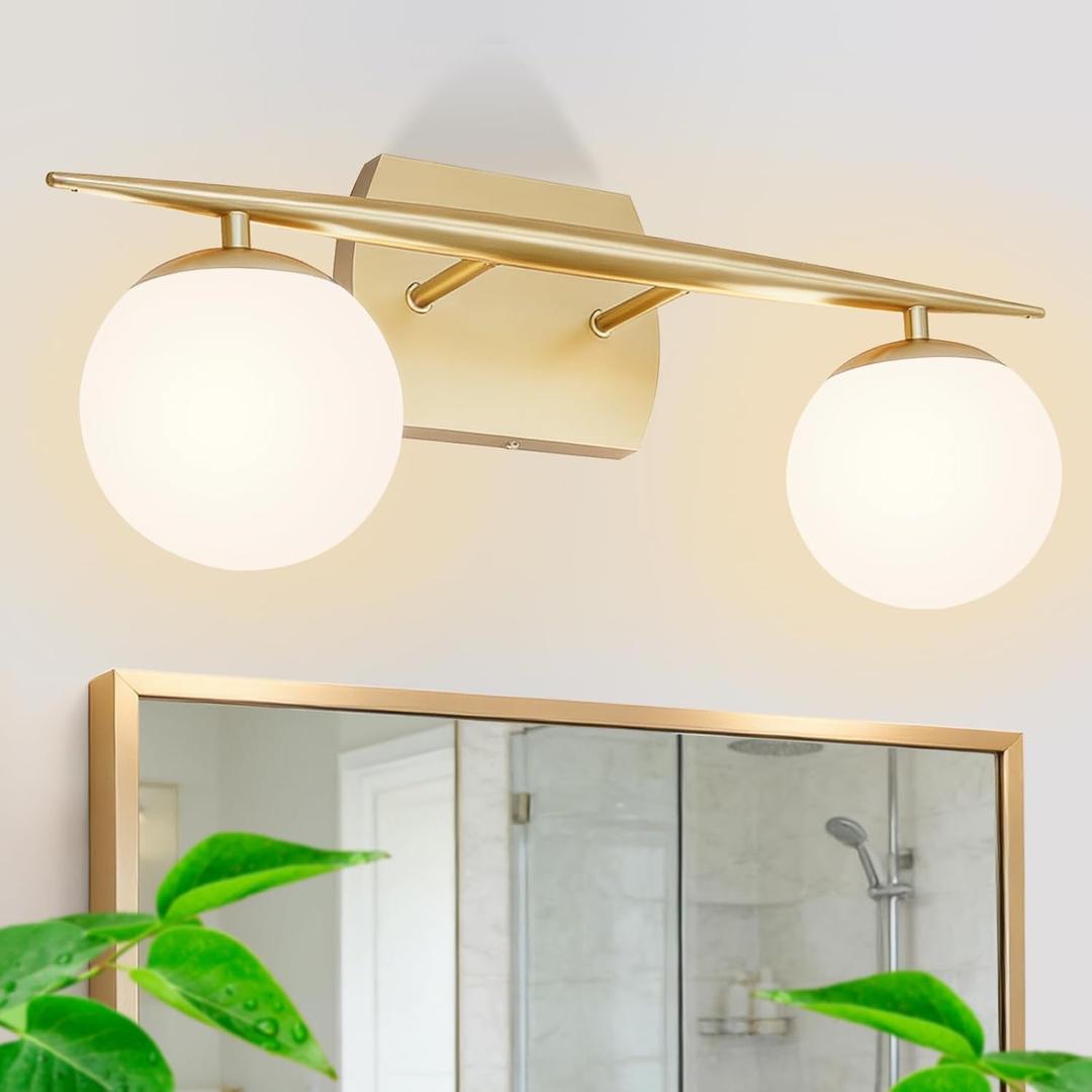 Gold Vanity Lights for Bathroom, 2-Light 20 Inch Bathroom Lighting Fixtures over Mirror with Milky White Frosted Glass Shades, Wall Sconces for Bathroom, Bedroom, Living Room(G9 Bulb not Included)