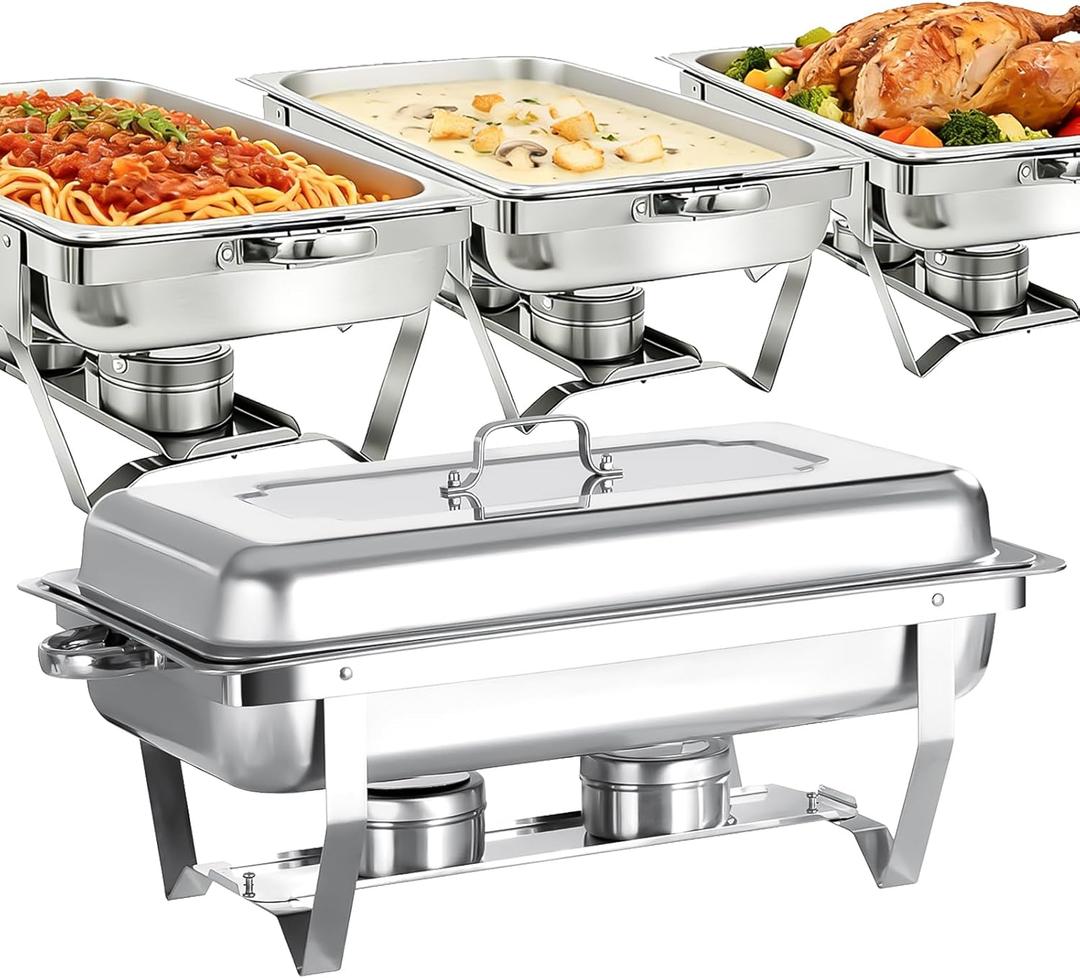 4 Pack 8QT Stainless Steel Chafing Dishes for Buffet, Foldable Frame Food Warmers with Full Size Pan Ideal for Catering, Weddings, Christmas Parties, Event Serving Supplies