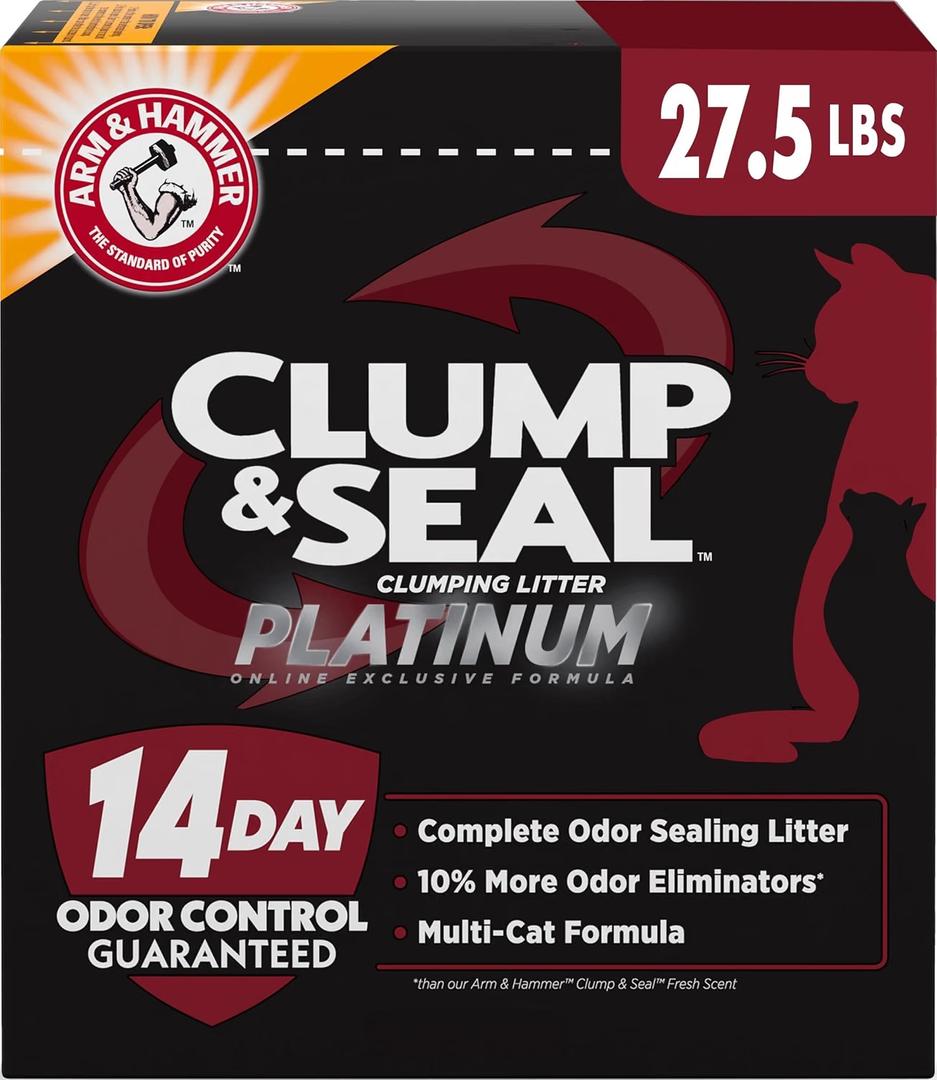 ARM & HAMMER Clump & Seal Platinum Clumping Cat Litter, Exclusive, 27.5 Lbs Clumping Litter, Rock-Hard Clumps, Baking Soda Odor Eliminators, 14-Day Odor Control
