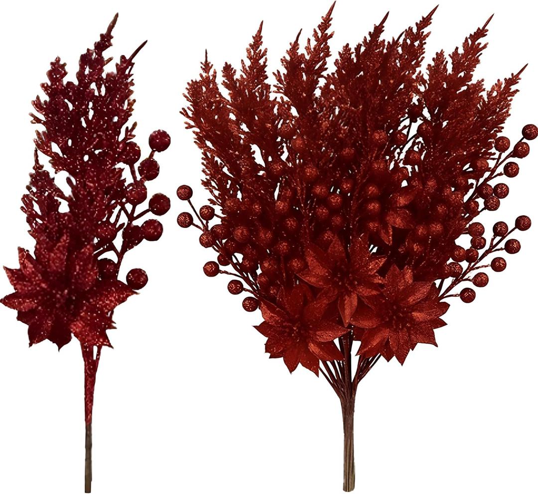 12 Pcs Glitter Christmas Picks Decoration Artificial Berry Branches Pine Needles Spray and Poinsettia Flowers Christmas Tree Ornaments for Xmas Decor Wreaths Wreath Vase Fillers(Burgundy)
