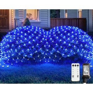 JMEXSUSS Blue Christmas Net Lights 360 LED 12ft x 5ft Bush Lights Plug in Outdoor 8 Modes Connectable for Christmas Bush Decorations, Clear Wire
