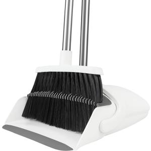Broom and Dustpan Set, Broom Dustpan Combo Set for Home 52-in Long Adjustable Handle Broom with Dustpan Teeth to Clean Hair for Home Office Kitchen Lobby(White)