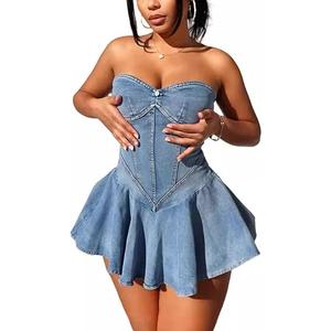 Womens Denim Mini Dress Sexy Y2k Sleeveless Summer Casual Cube Jean Dresses