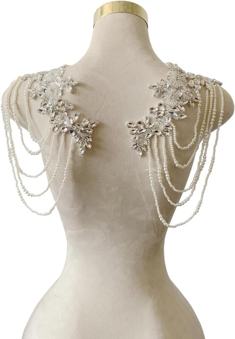 1 Pair Beaded Rhinestones Applique Embellishment for Clothes Epaulettes Shoulder Patches Sew-on Diamond Sequin Tassels Applique for Wedding Dress DIY Accessories 9.8X10.2inches (Silver)