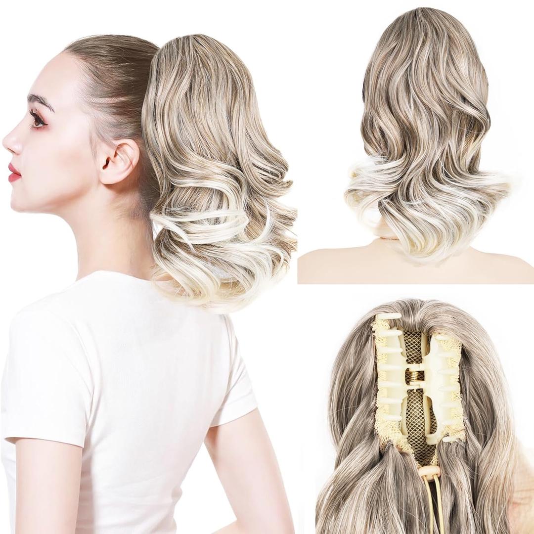Ponytail Extension, 12 Inch Pony Tails Hair Extensions, Hold Securely, Tangle-Free,Curly Wavy Natural Looking Synthetic Claw Clip Ponytail Extension for Daily Use (Light Gray Brown with Light Ends)