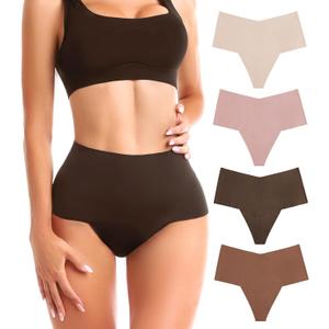 SINOPHANT Seamless Thongs for Women, High Waisted Thong Underwear No Show Panties for Ladies 4 Packs, S