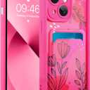 MOWIME Compatible with iPhone 13 Case with Card Holder, Floral Flower Shockproof Soft TPU Protective Cover Women Girls, Anti Scratch Wallet Case for iPhone 13 6.1 Inch, Hot Pink