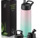 SipX Triple-Insulated Stainless Steel Water Bottle 25oz. With 3 Lids, BPA-Free Reusable Insulated Water Bottle Keeps Cold 24 Hours, (Gradiant Mint Pink)