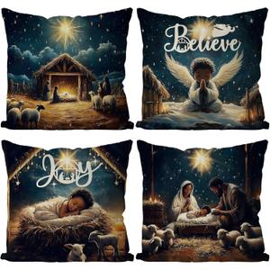Black Santa Christmas Decorations Christmas Pillows Covers African American Christmas Decor Nativity Set Throw Pillows Holy Night Home Sofa Living Room Decorative Cushion Case 20x20 Inch Set of 4